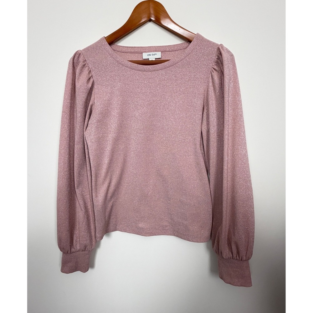 On 34th Top Women M Pink Metallic Shimmer Ribbed Knit Puff Sleeve Crewneck